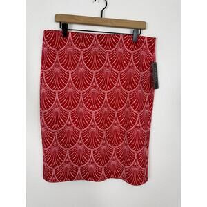 NYCC Red Geometric Print Pencil Skirt Size Large Retro Mod Style Stretchy